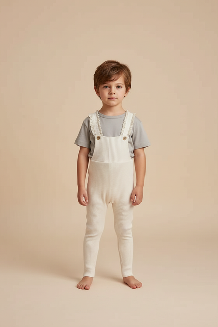 Pantalon Beige Côtelé Tricoté Salopette Bébé Enfant - Maille