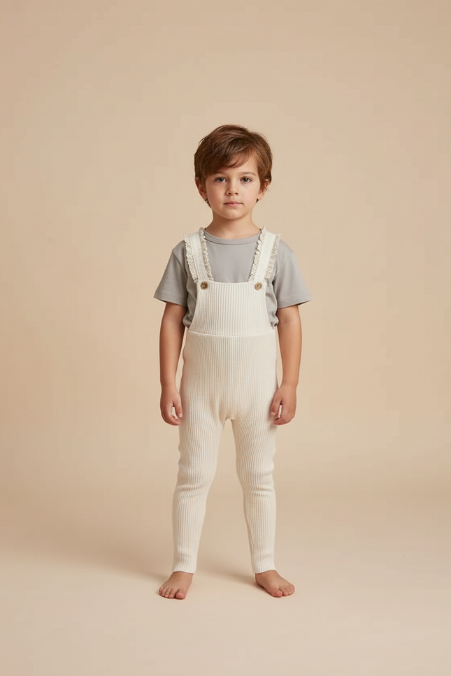 Pantalon Beige Côtelé Tricoté Salopette Bébé Enfant - Maille