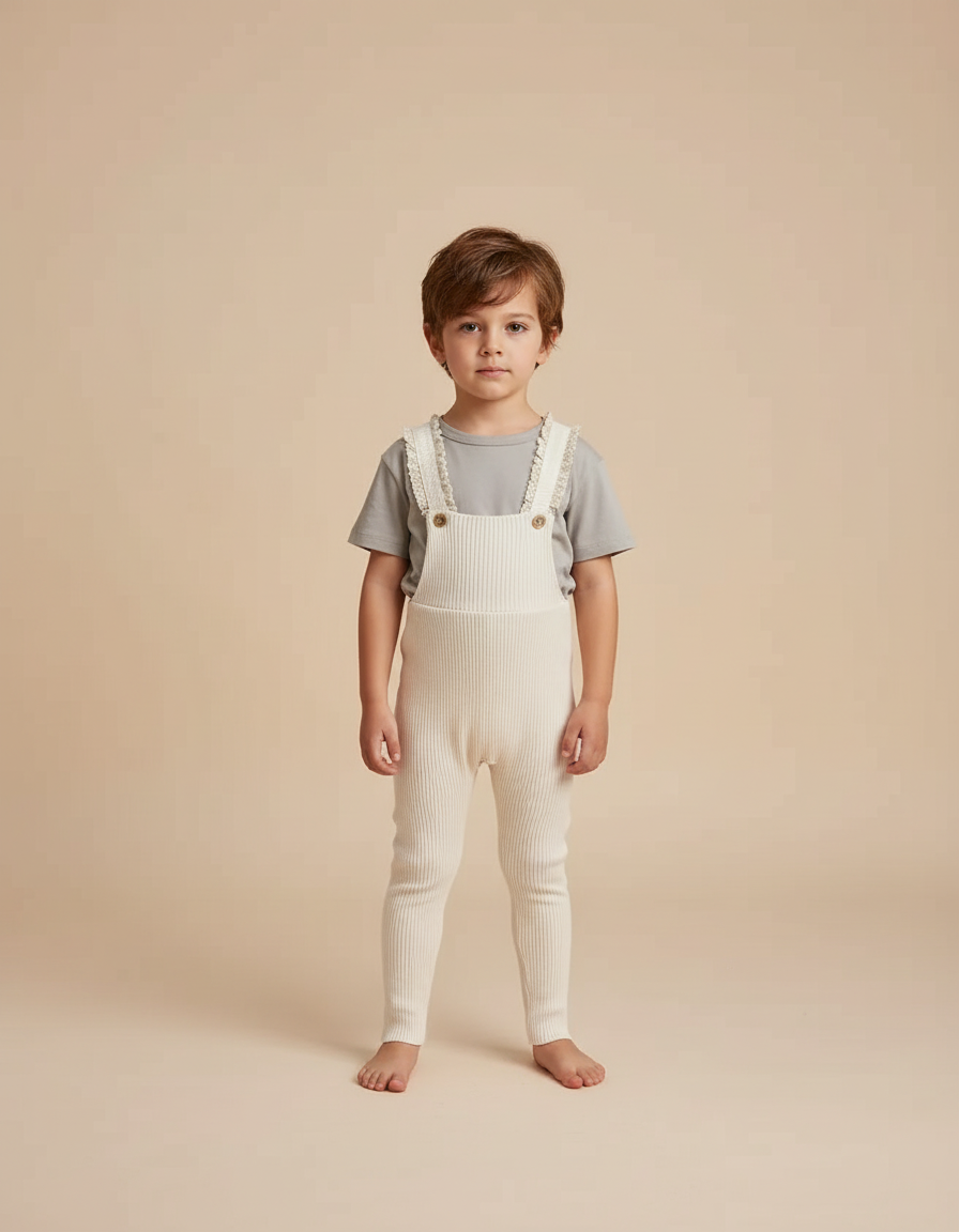 Pantalon Beige Côtelé Tricoté Salopette Bébé Enfant - Maille