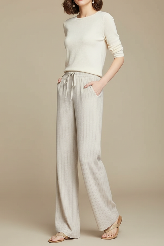 Pantalon Beige Fluide Rayé Cordon Décontracté Femme - Maille