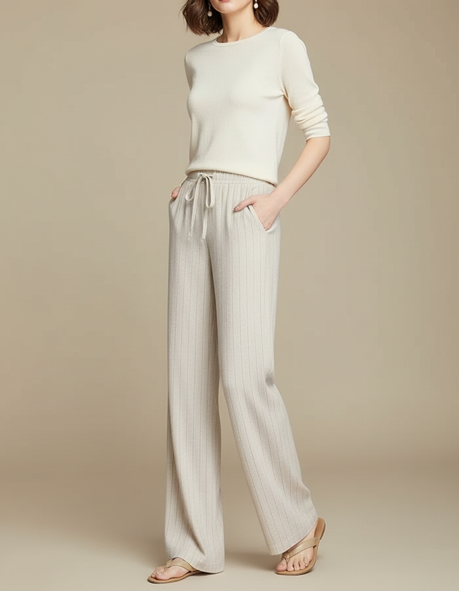 Pantalon Beige Fluide Rayé Cordon Décontracté Femme - Maille