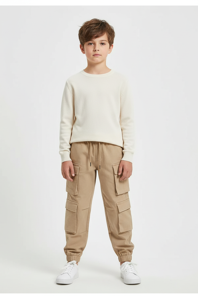 Pantalon Beige Cargo Coton Décontracté Multipoches Enfant