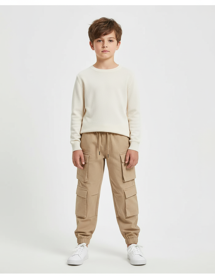 Pantalon Beige Cargo Coton Décontracté Multipoches Enfant