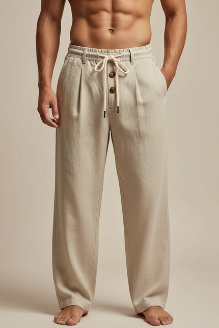 Pantalon Beige Coton Lin Ample Droit Homme