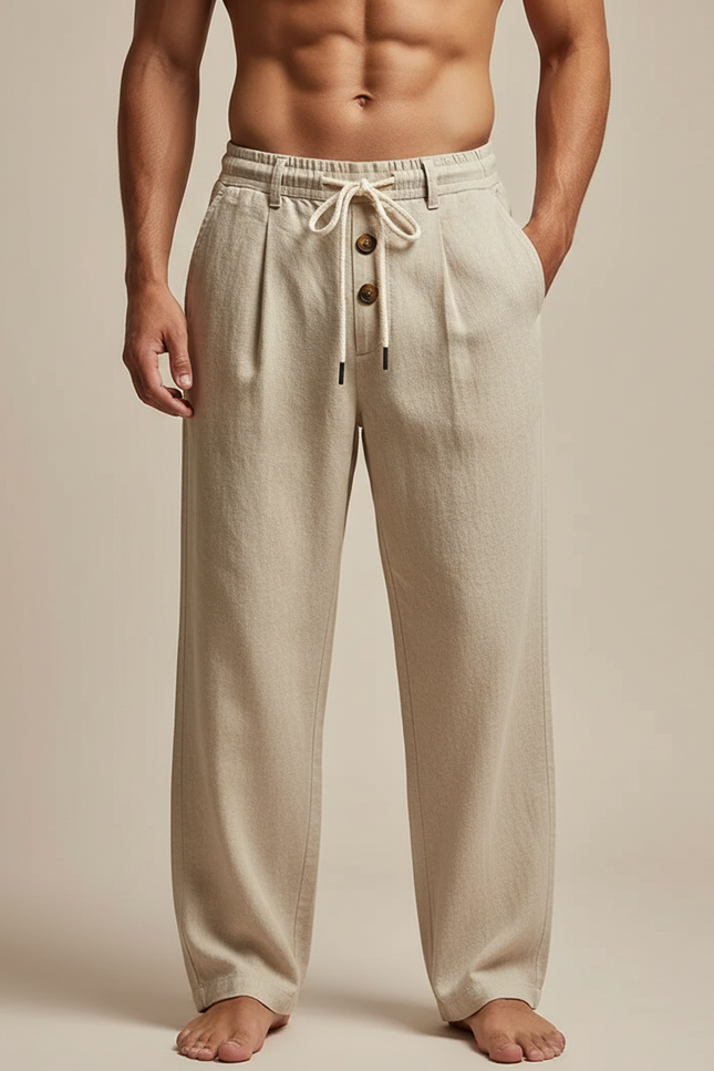 Pantalon Beige Coton Lin Ample Droit Homme