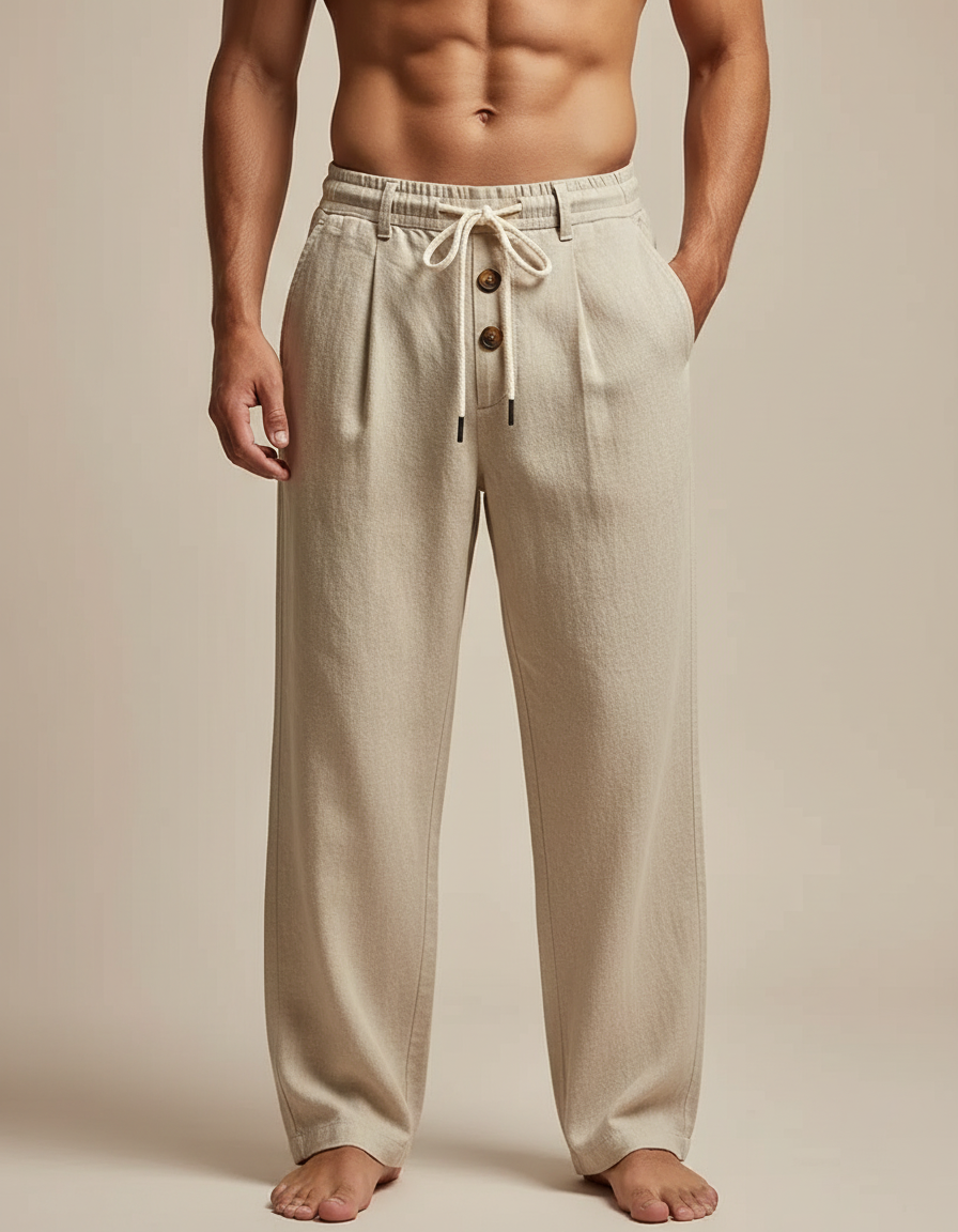 Pantalon Beige Coton Lin Ample Droit Homme
