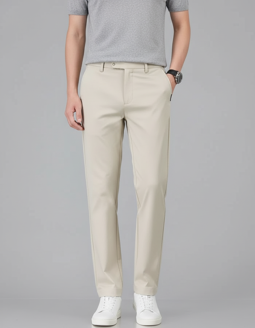 Pantalon Beige Stretch Coton Slim Élégant Homme