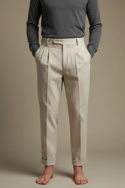 Pantalon Beige Plissé Homme Droit Élégant Côtelé - Laine