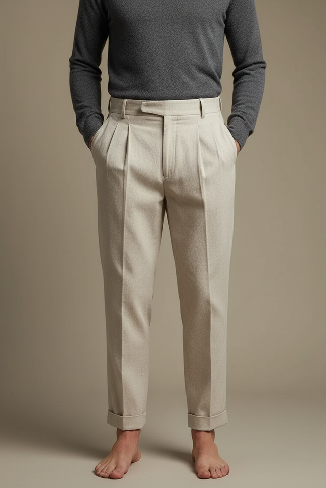 Pantalon Beige Plissé Homme Droit Élégant Côtelé - Laine