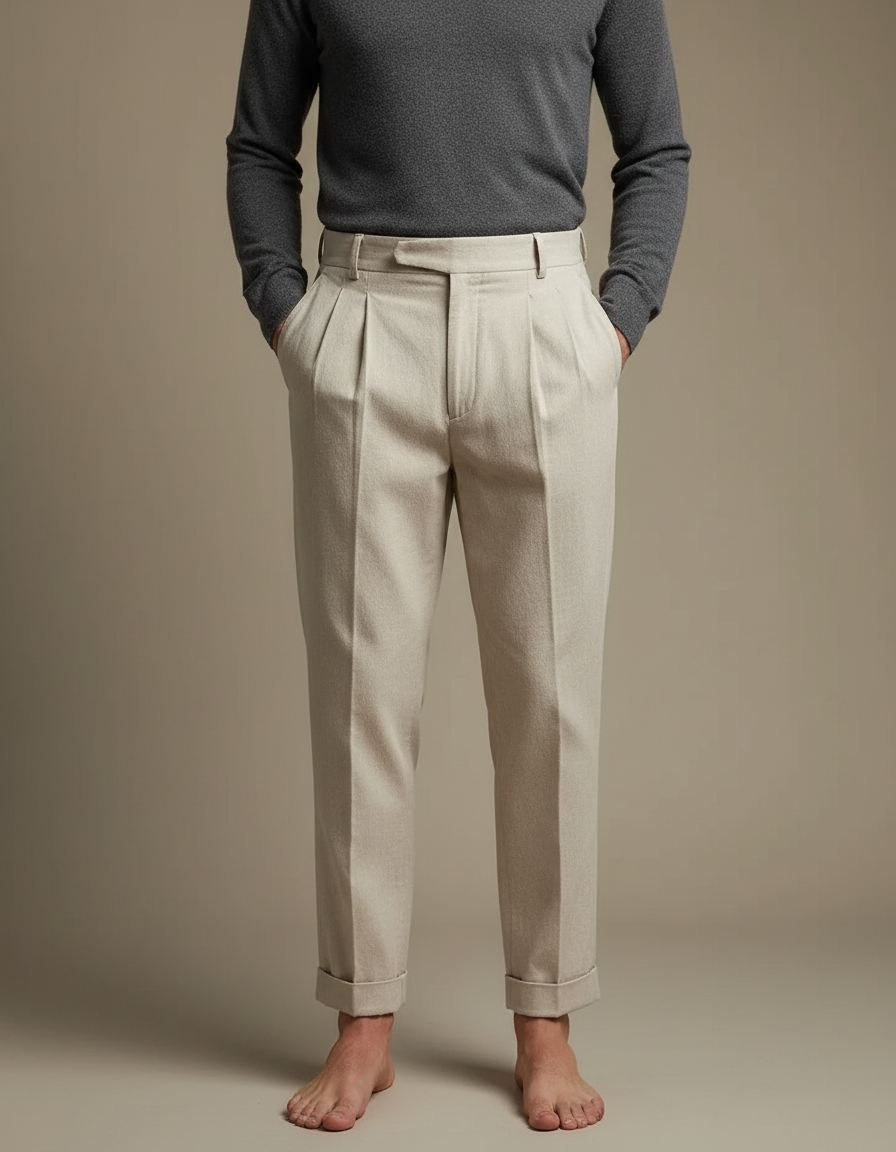 Pantalon Beige Plissé Homme Droit Élégant Côtelé - Laine