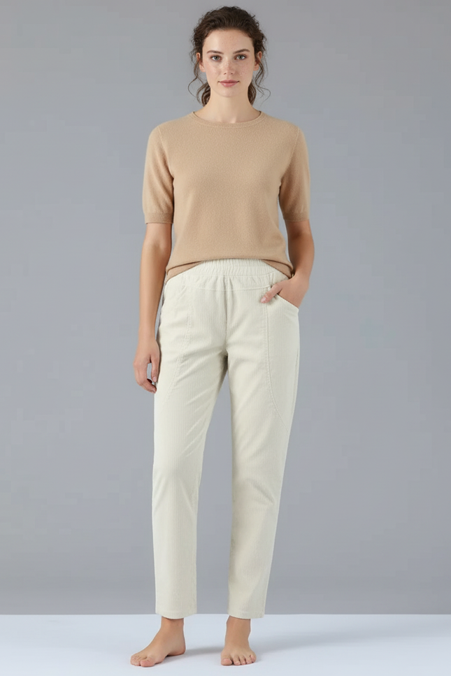 Pantalon Beige Côtelé Droit Décontracté Femme - Cordé