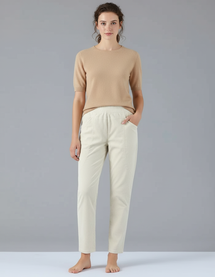 Pantalon Beige Côtelé Droit Décontracté Femme - Cordé