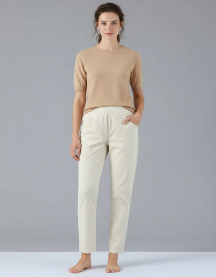 Pantalon Beige Côtelé Droit Décontracté Femme - Cordé