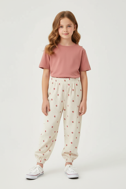 Pantalon Beige Côtelé Fraises Élastiqué Enfant - Cordé