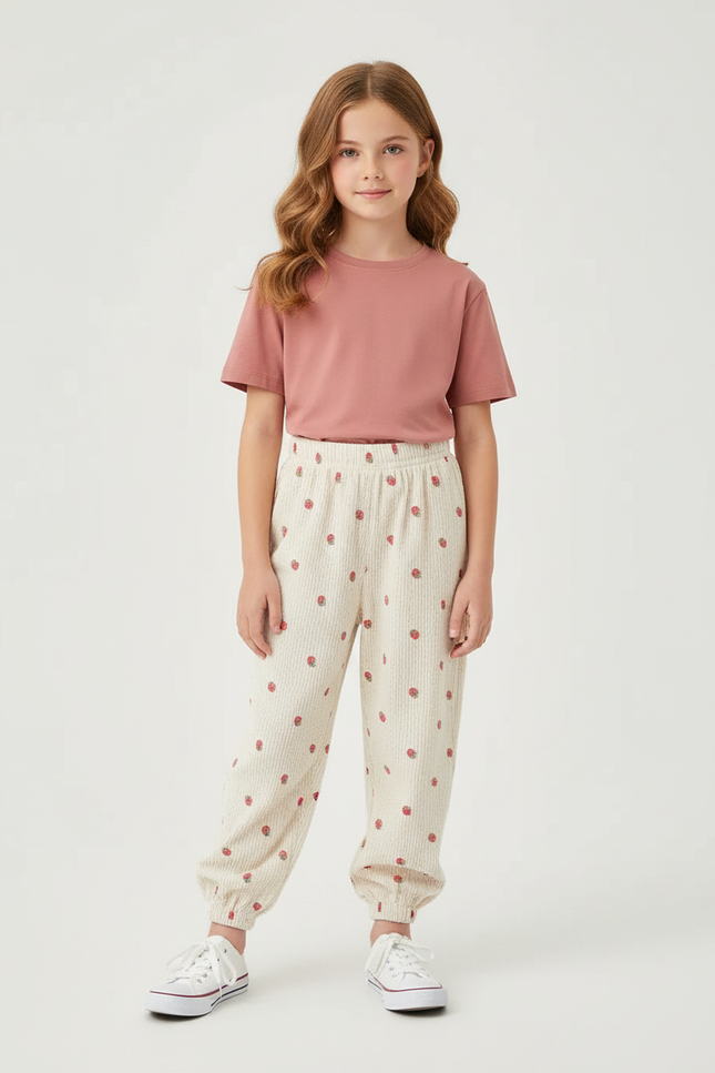Pantalon Beige Côtelé Fraises Élastiqué Enfant - Cordé