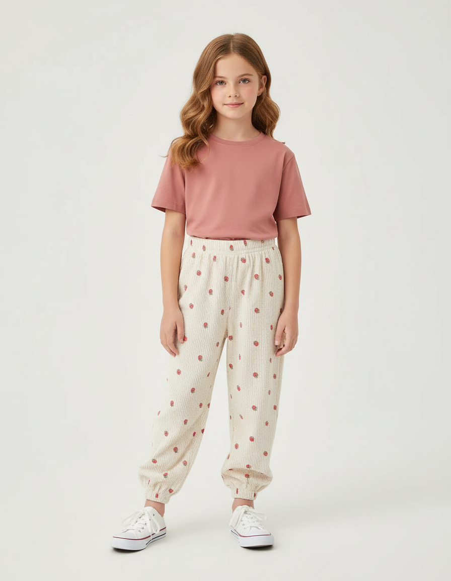 Pantalon Beige Côtelé Fraises Élastiqué Enfant - Cordé