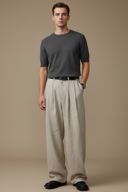 Pantalon Beige Ample Plissé Droit Lin Homme