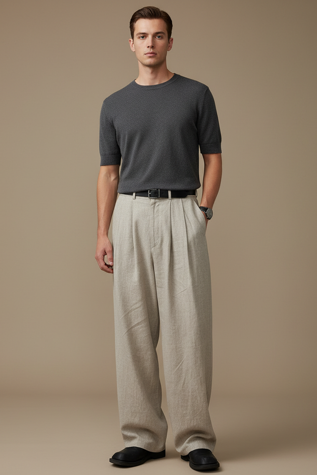 Pantalon Beige Ample Plissé Droit Lin Homme