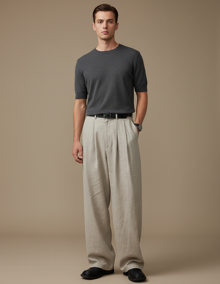 Pantalon Beige Ample Plissé Droit Lin Homme