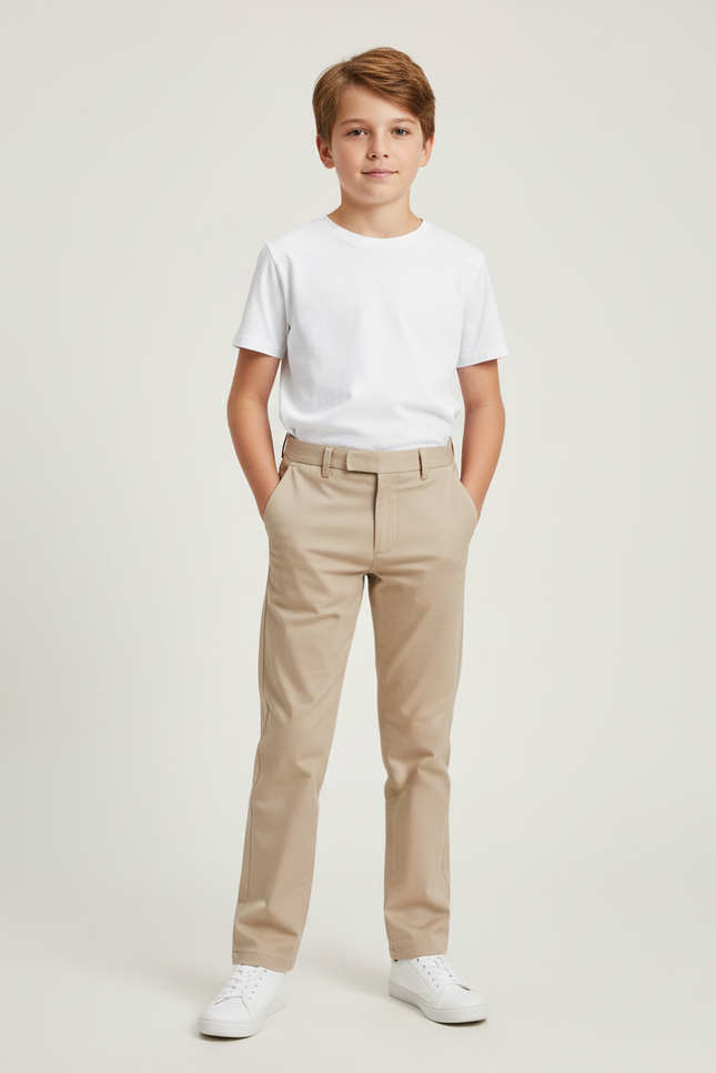 Pantalon Beige Chino Coton Droit Classique Garçon - Gabardine