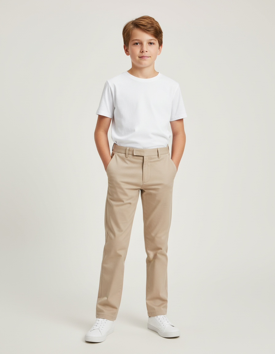 Pantalon Beige Chino Coton Droit Classique Garçon - Gabardine