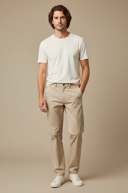 Pantalon Beige Chino Coton Droit Décontracté Homme