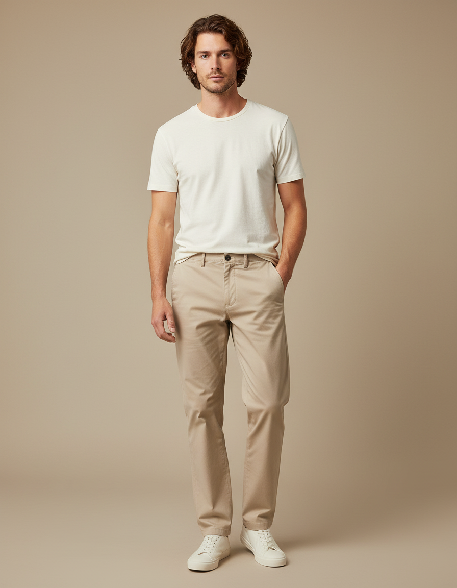 Pantalon Beige Chino Coton Droit Décontracté Homme