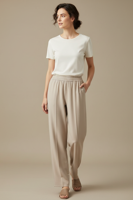Pantalon Beige Fluide Ample Taille Élastique Décontracté Élégant - Viscose