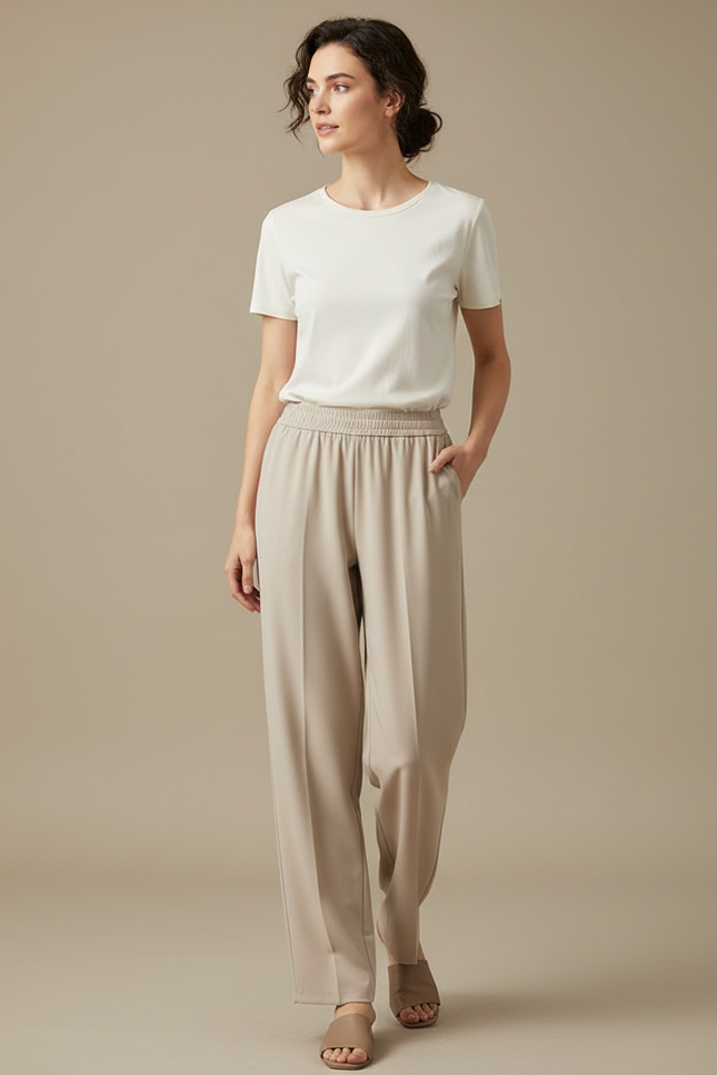 Pantalon Beige Fluide Ample Taille Élastique Décontracté Élégant - Viscose