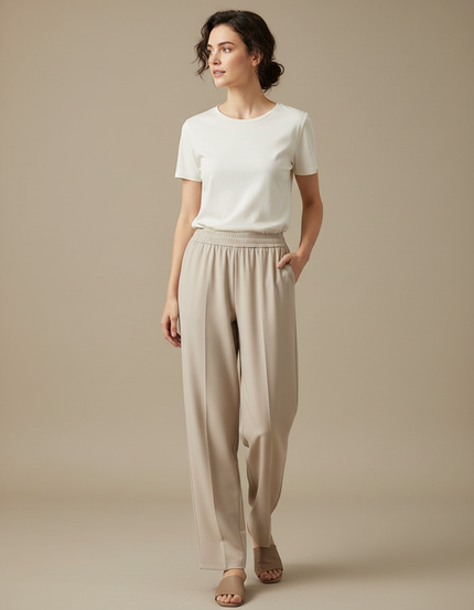 Pantalon Beige Fluide Ample Taille Élastique Décontracté Élégant - Viscose