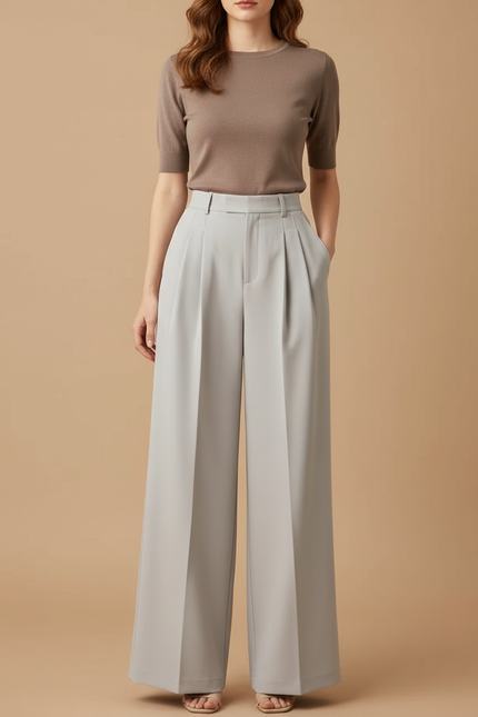 Pantalon Beige Fluide Plissé Taille Haute Femme - Gris Polyester