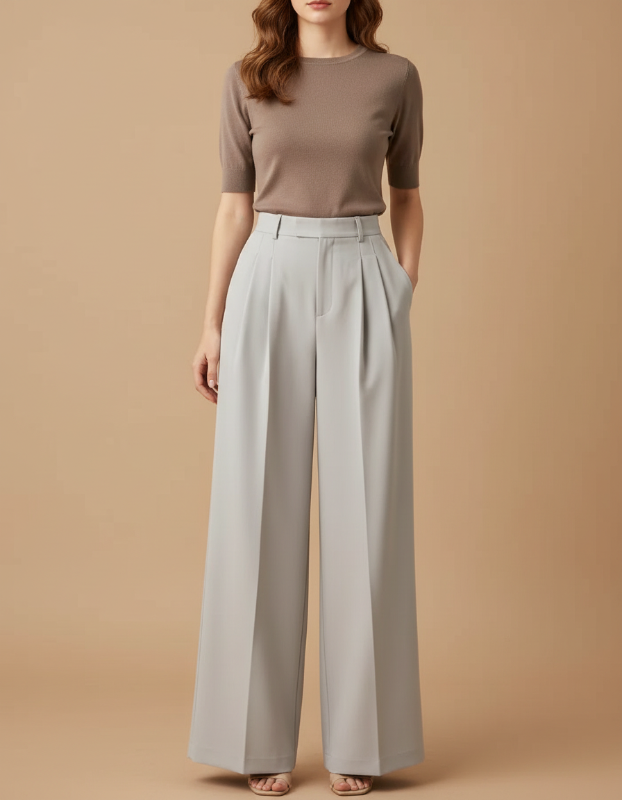 Pantalon Beige Fluide Plissé Taille Haute Femme - Gris Polyester