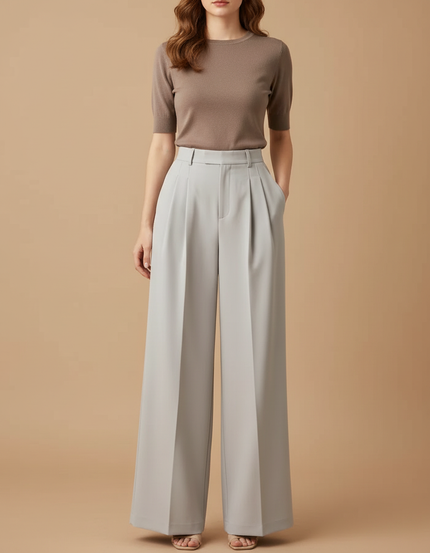 Pantalon Beige Fluide Plissé Taille Haute Femme - Gris Polyester