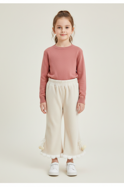 Pantalon Beige Côtelé Évasé Pompons Hiver Enfant - Cordé