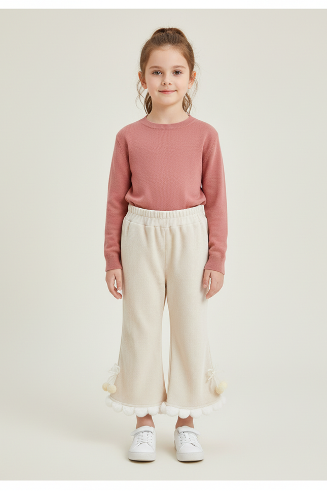 Pantalon Beige Côtelé Évasé Pompons Hiver Enfant - Cordé