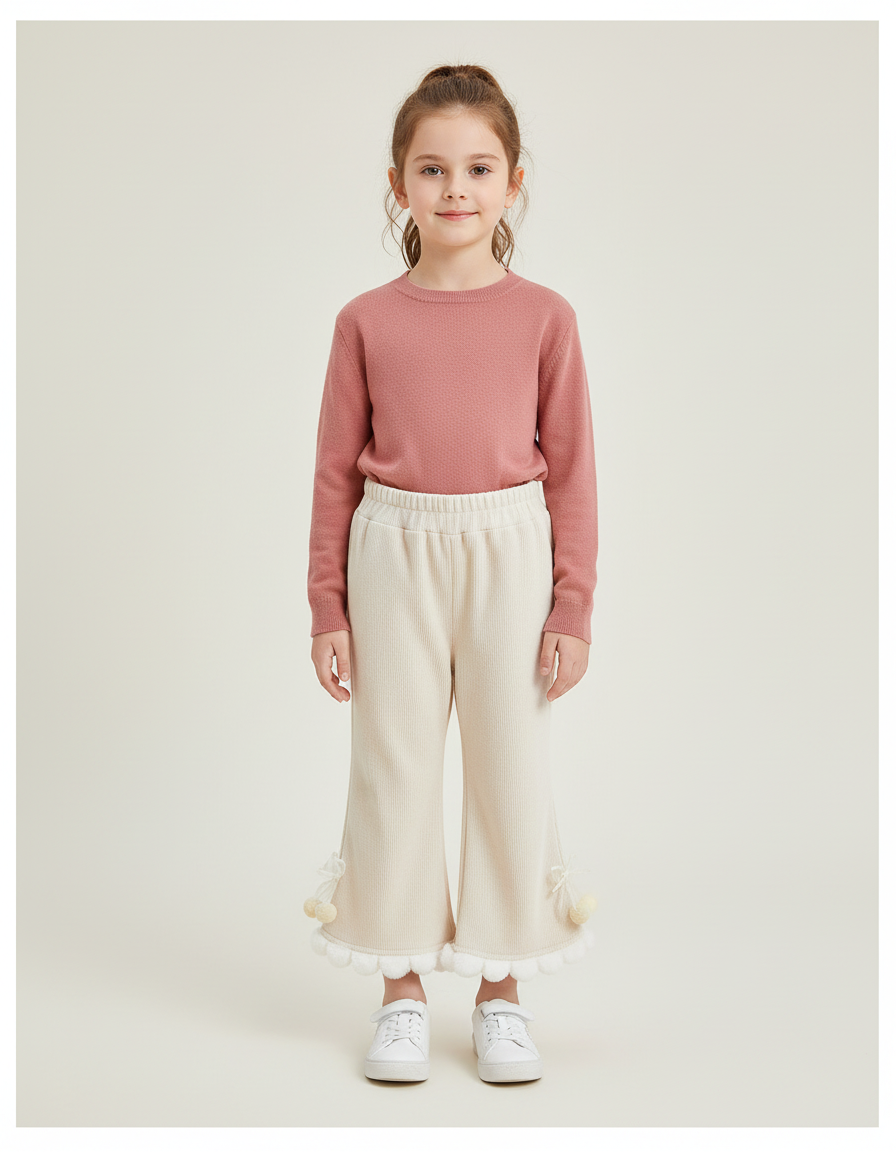 Pantalon Beige Côtelé Évasé Pompons Hiver Enfant - Cordé