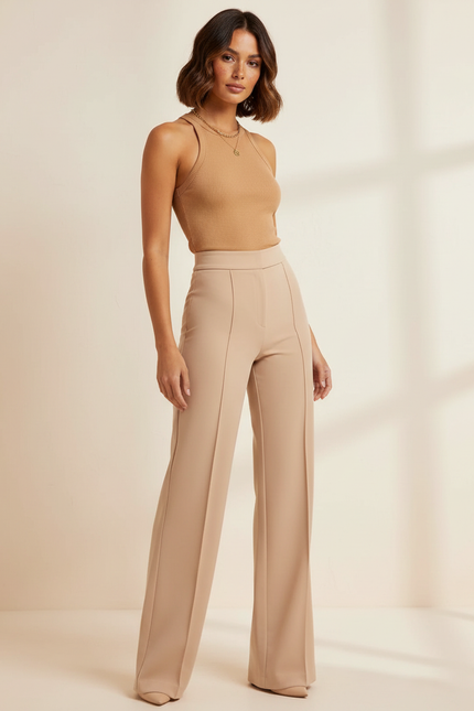 Pantalon Beige Coupe Droite Évasée Taille Haute Chic - Polyester