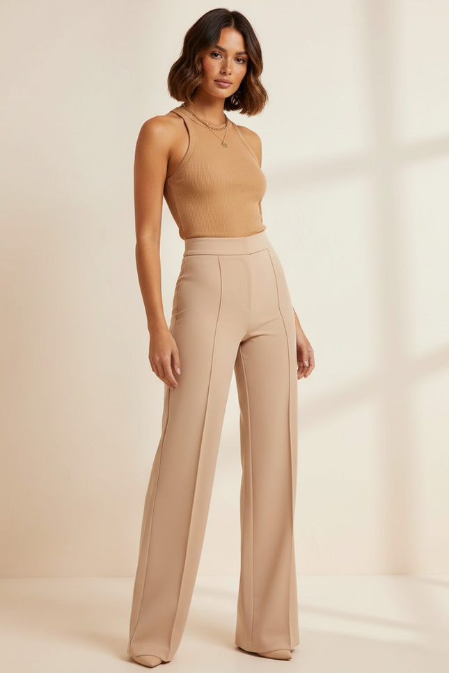 Pantalon Beige Coupe Droite Évasée Taille Haute Chic - Polyester