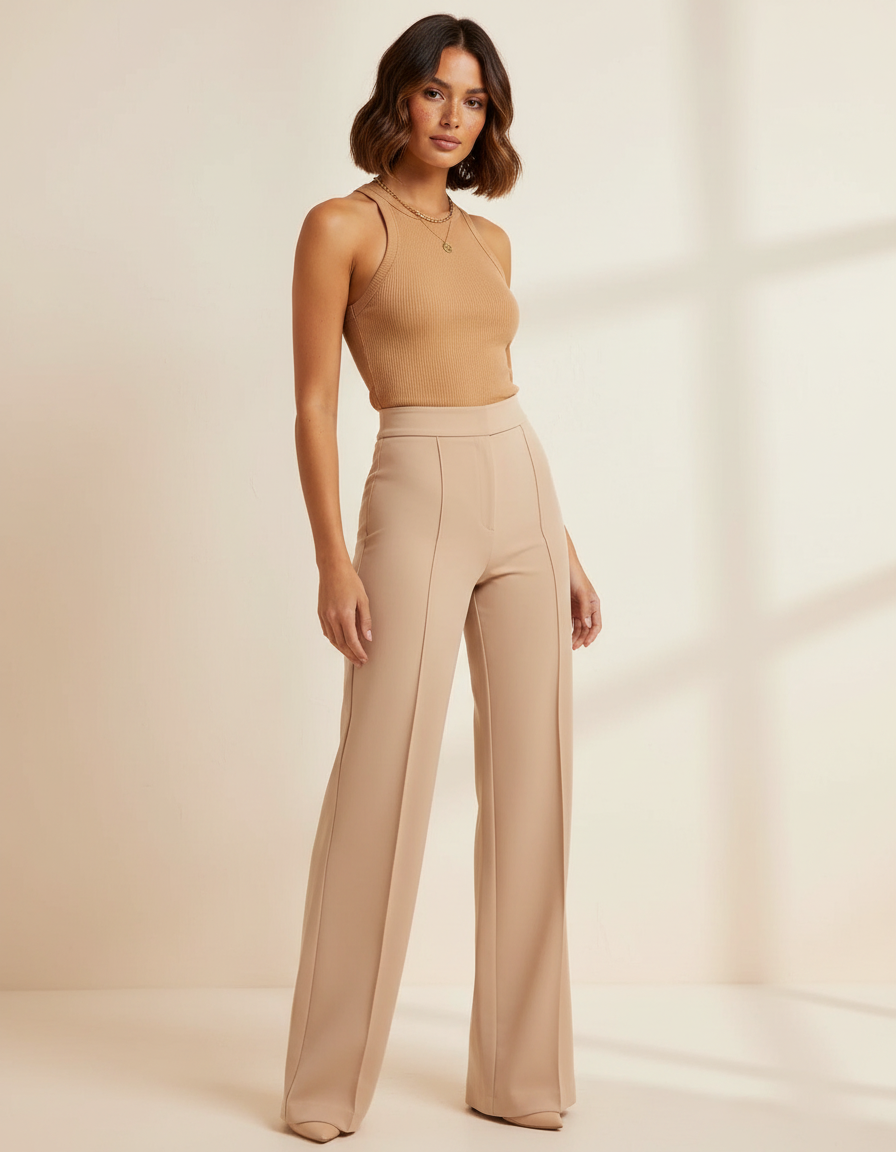 Pantalon Beige Coupe Droite Évasée Taille Haute Chic - Polyester