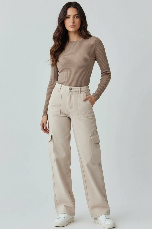 Pantalon Beige Cargo Ample Femme Décontracté - Toile