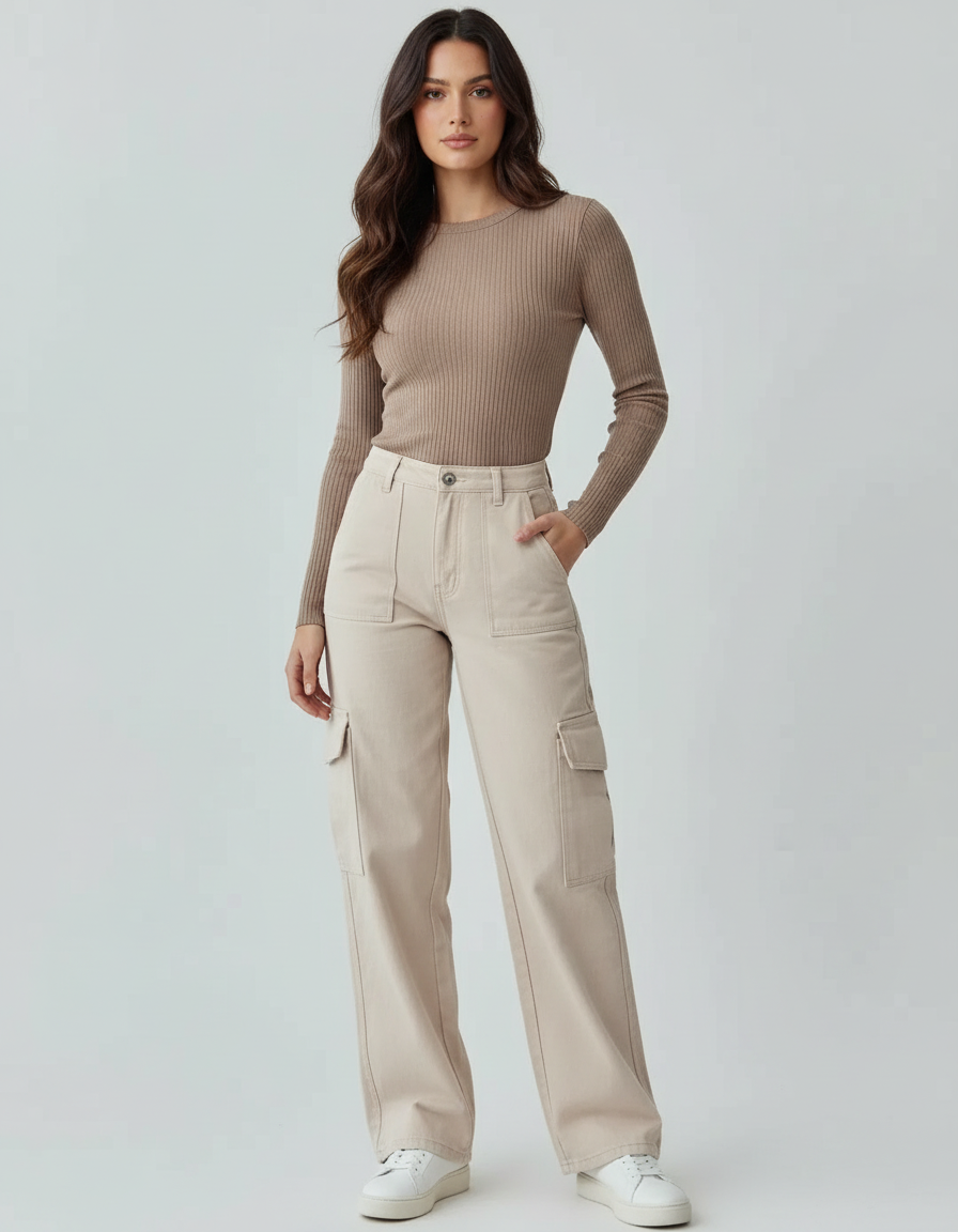 Pantalon Beige Cargo Ample Femme Décontracté - Toile