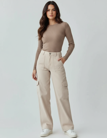 Pantalon Beige Cargo Ample Femme Décontracté - Toile