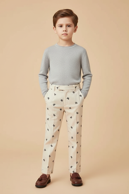 Pantalon Beige Brodé Papillons Droit Enfant Élégant - Gabardine