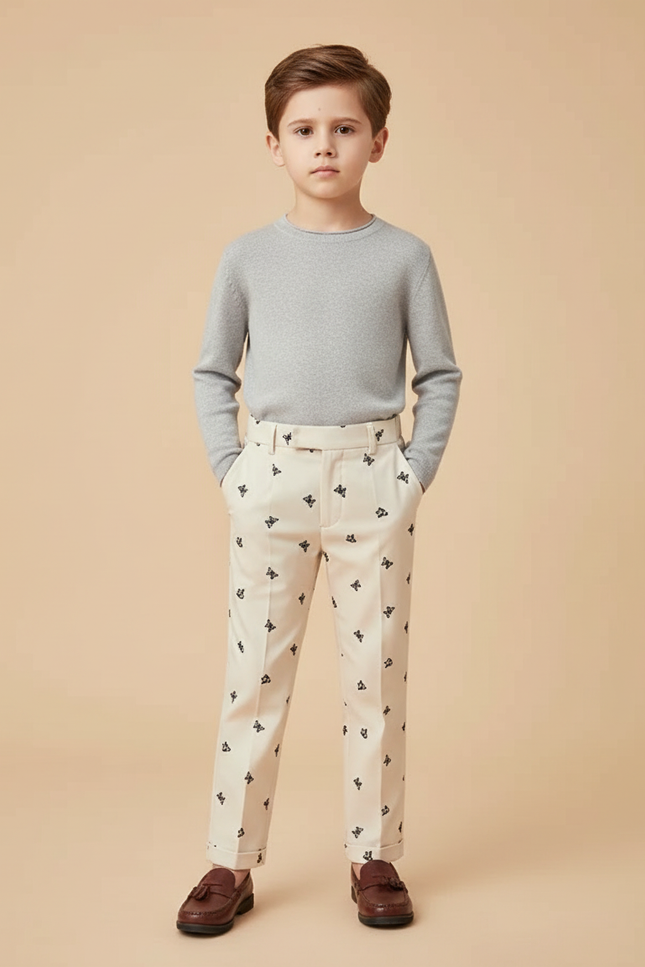 Pantalon Beige Brodé Papillons Droit Enfant Élégant - Gabardine