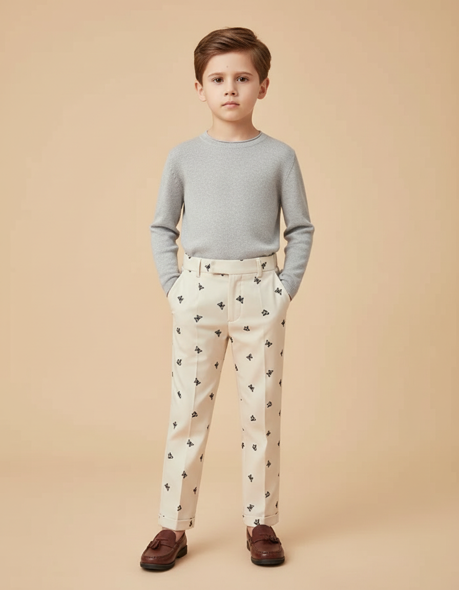 Pantalon Beige Brodé Papillons Droit Enfant Élégant - Gabardine