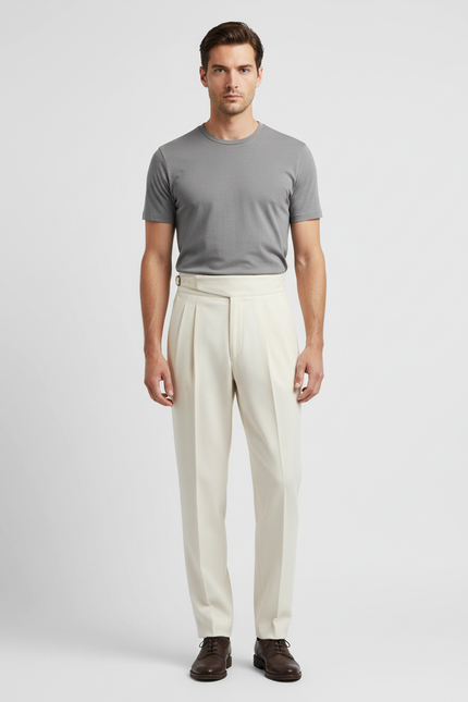 Pantalon Beige Plissé Élégant Homme Droit Coton