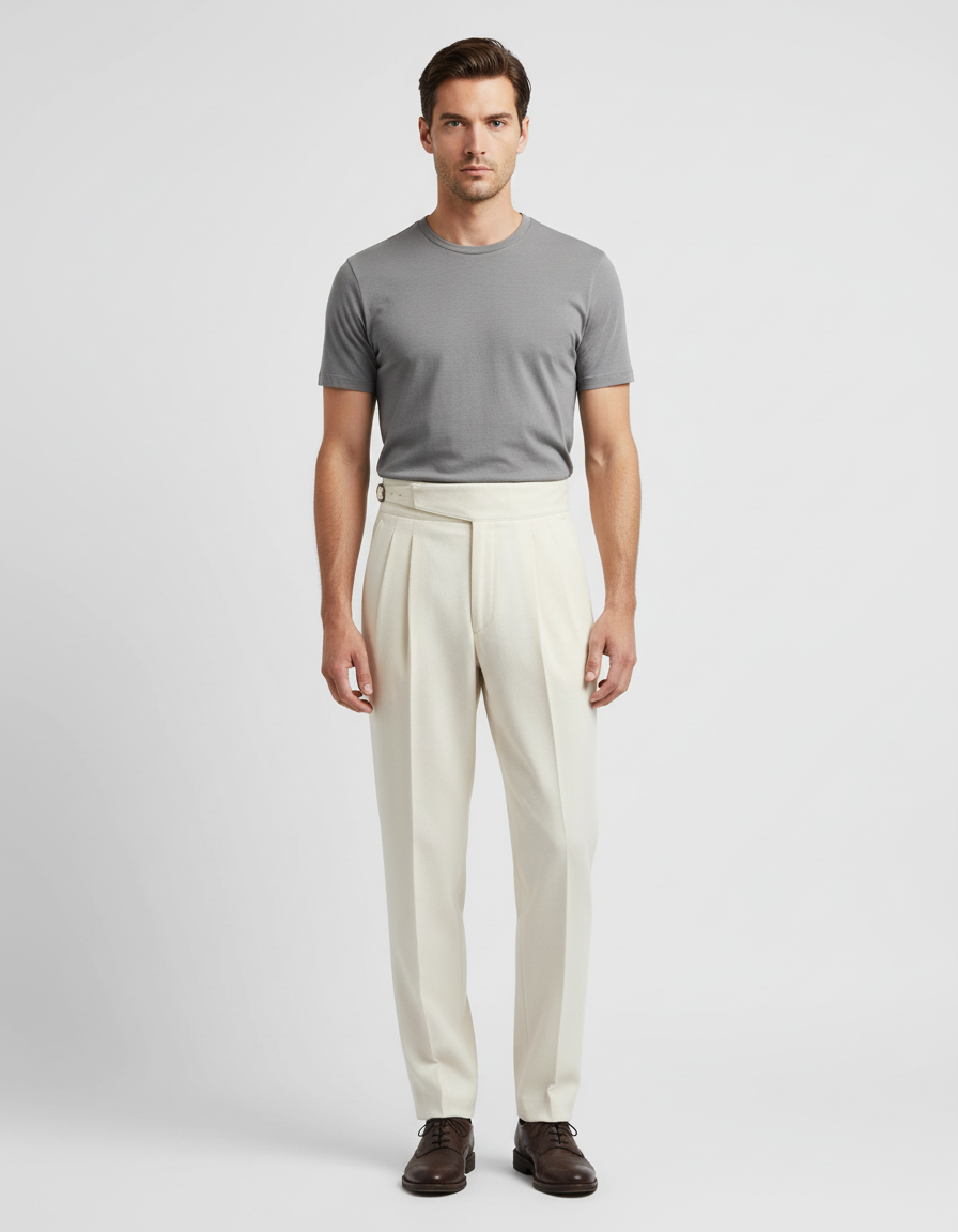 Pantalon Beige Plissé Élégant Homme Droit Coton