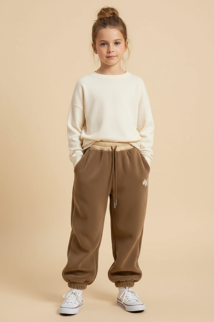 Pantalon Beige Ample Matelassé Brodé Enfant Hiver - Marron Molleton