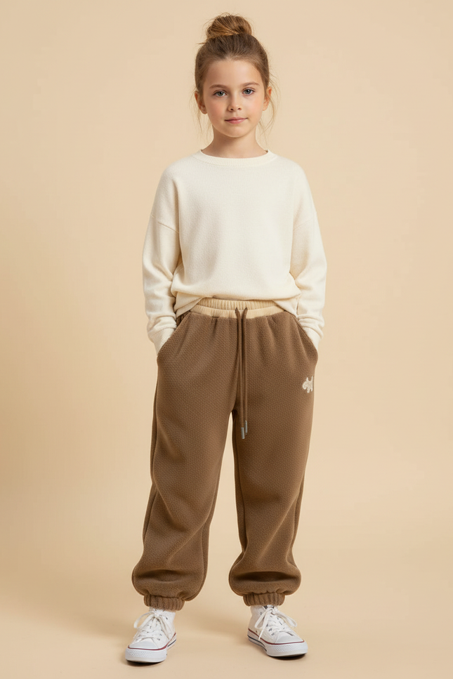 Pantalon Beige Ample Matelassé Brodé Enfant Hiver - Marron Molleton