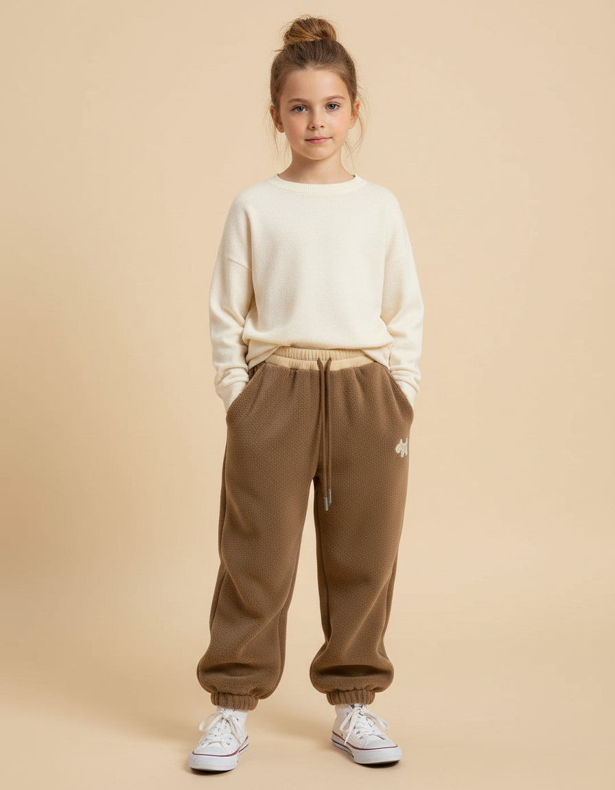 Pantalon Beige Ample Matelassé Brodé Enfant Hiver - Marron Molleton